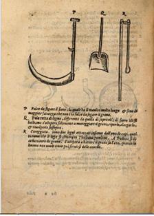 Instrumentos de labranza. Xilografía de la edición italiana de 1568. Ejemplar de la  Bibliotheque du Palais des arts Ville de Lyon