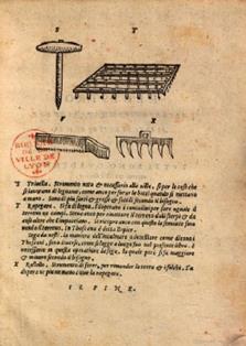 Instrumentos de labranza. Xilografía de la edición italiana de 1568. Ejemplar de la  Bibliotheque du Palais des arts Ville de Lyon