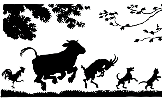 ilustración en blanco y negro de un gato, un perro, una cabra, una vaca y un gallo en fila india